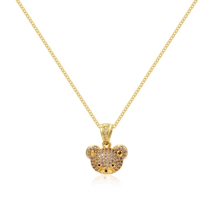 Golden hip-hop bear necklace with pink purple pave crystals and a minimalist gold chain