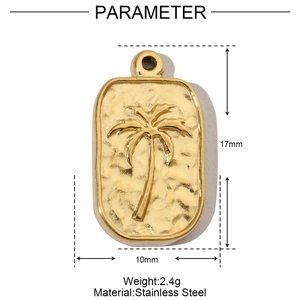 Detailed view of vacuum gold-plated stainless steel palm tree pendant with dimensions