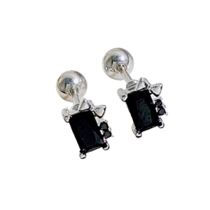 Minimalist silver titanium steel screw back earrings with rectangular black zircon stones