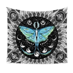 Bohemian moon moth tapestry with dark starry night sky and mandala floral patterns