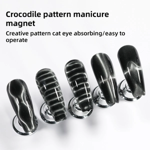 Detail of dark grey cat eye nails with crocodile skin pattern on silver metal stands