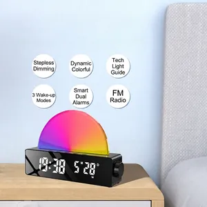 Sunrise wake up light alarm clock with colorful LED atmosphere and mirror display