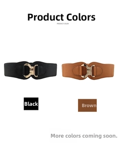 Detail of black and brown elastic waist belts with gold geometric metal buckles for coats