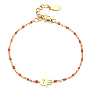 Bohemian gold stainless steel Hamsa Hand bracelet with red enamel accents for women