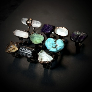 Vintage adjustable open rings featuring raw natural amethyst and quartz in dark metal settings