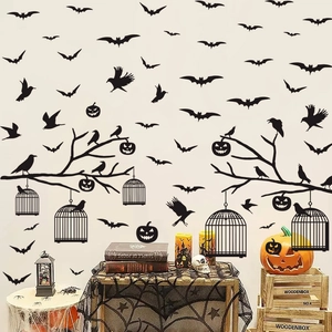 Halloween wall stickers set with black bats, birds, pumpkin, and tree branch for spooky decor