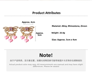 Detailed size specifications for pink heart bow earrings with cubic zirconia and enamel