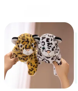 Detail showing soft leopard and snow leopard plush slap bracelets with lifelike fur texture