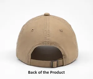 Detail view of khaki cotton baseball cap with adjustable metal buckle at the back