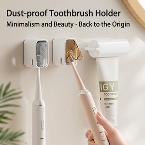 Wall Mounted Toothbrush Holder ABS Plastic Dustproof With Cover Punch Free Ventilated Storage For Electric Toothbrushes