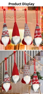 Set of four Christmas gnome ornaments featuring knitted hats on a warm fireplace background