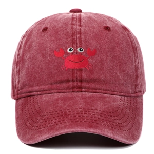 Washed burgundy cotton baseball cap with embroidered red crab on high-quality fabric