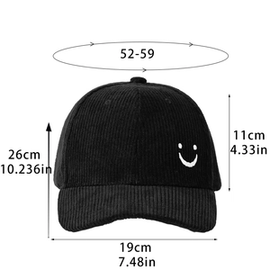 Unisex black corduroy baseball cap with smile embroidery and size measurement guide