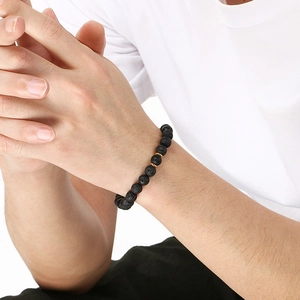 8mm natural lava stone and agate beaded bracelet for men with golden metal spacers