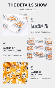 Detail view of soft multi-layer muslin cotton swaddle with natural printed patterns