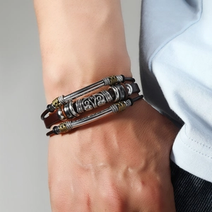 Vintage tribal totem multilayer leather bracelet with bronze metal charms for men
