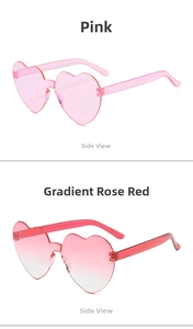 Detail view of heart-shaped rimless sunglasses in pink and gradient rose red colors