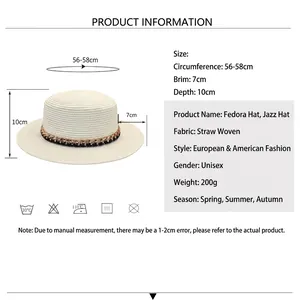 Chapeau de paille d'été à toit plat avec chaîne élégante pour protection solaire