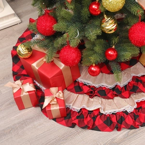 Christmas Tree Skirt Red Black Buffalo Plaid Burlap With White Lace Trim Ruffled Xmas Holiday Decoration Farmhouse Style
