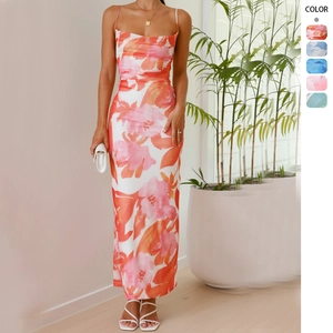 Robe Maxi À Fleurs Bretelles Spaghetti Dos Nu À Lacets Été Vacances Coupe Ajustée Polyester Femmes