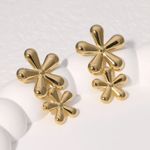Double Flower Stud Earrings Stainless Steel French Style Gold Silver Plated Minimalist Floral Jewelry For Women