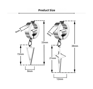 Detailed dimensions of stainless steel triangle and star pendant hoop earrings for women
