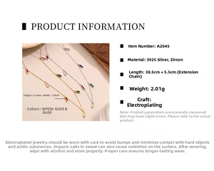 Detailed size specifications for S925 silver necklace with colored rectangle zircon