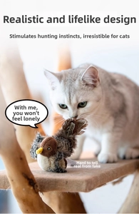 Detailed view of realistic bird cat toy with feathers on a wooden cat tree stand