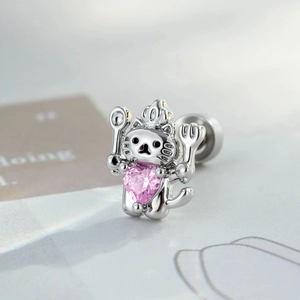 Silver cat chef ear stud featuring a pink heart gemstone and royal crown design