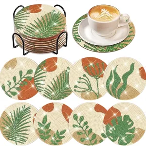 Σετ 8 τεμαχίων σουβέρ DIY diamond painting με τροπικά φύλλα και μεταλλική βάση στήριξης