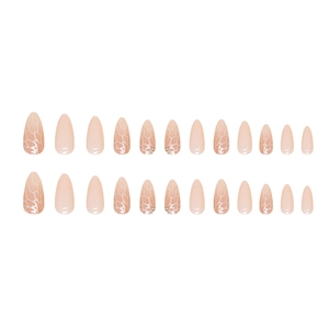 Almond press-on nails set with glitter leaf patterns and white lace art on nude base