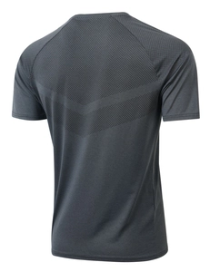 Detail of the back of a dark gray sports t-shirt with a V-shaped gradient dot pattern