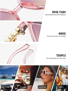 Pink transparent frame sunglasses with metal hinges and multi-scene lifestyle display