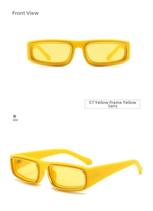 Front and side views of trendy yellow rectangular sunglasses with matching tinted lenses