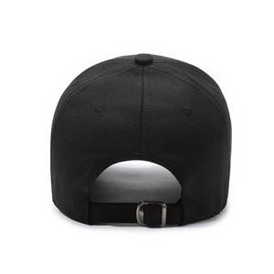 Black casual baseball cap with adjustable metal buckle from a back view perspective