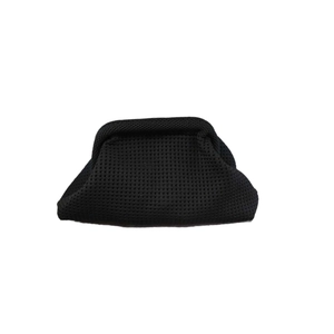 Women's black knitted striped cloud pouch handbag with woven texture on white background