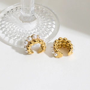 Elegant 18K gold-plated C-shaped clip earrings with white pearls and bead details