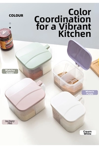 Detail of four-compartment kitchen seasoning box with ergonomic handle and small spoons