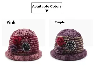 Detail of winter knitted hats for seniors in pink and purple with floral decor