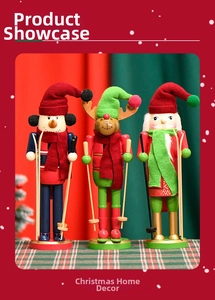 Detailed view of 30cm wooden Christmas nutcracker trio with snowman, reindeer and skier