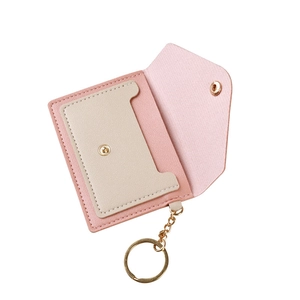 Pink and beige faux leather mini card holder wallet with keychain and snap fastener