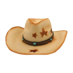 Western Cowboy Hat Straw Woven Star Print Wide Brim Outdoor Beach Sun Protection With Turquoise Leather Band Wind Rope