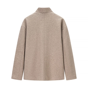Women's back-view beige wool coat with stand collar and dropped shoulder design
