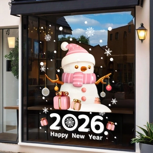 Pink snowman Christmas window sticker with 2026 Happy New Year theme on glass