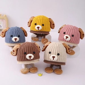 Kids Knitted Ear Protection Hat Thickened Warm Winter Acrylic Cartoon Dog Design Bone Pendant For Boys Girls