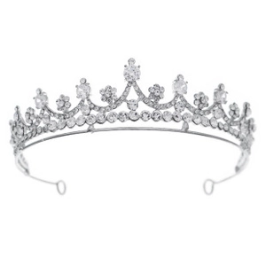 Detailed macro view of silver crystal bridal tiara featuring intricate beaded rhinestone patterns