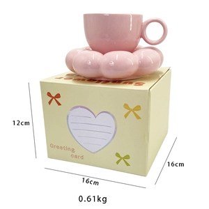 Pink ceramic sunflower coffee cup and saucer set with 16x16x12cm gift box packaging