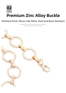 Macro shot of gold zinc alloy chain with hammered texture rings and lobster clasp detail