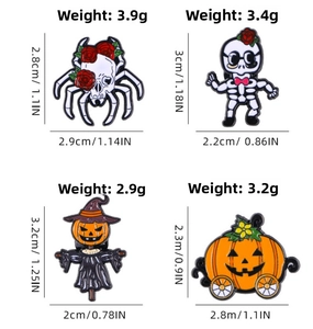 Detail view of Halloween enamel pins with dimensions and weights for pumpkins and skeletons