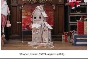 Close-up of a 70cm tall vintage lighted wooden snow house for Christmas decor
